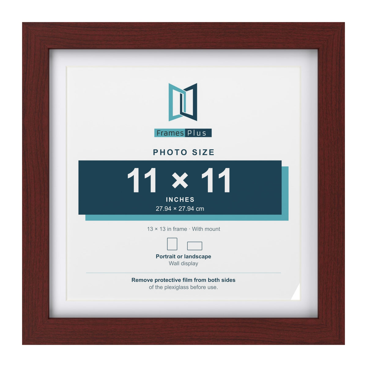 Classic Mahogany 13 x 13 inch picture frame with a white mount for an 11 x 11 inch photo