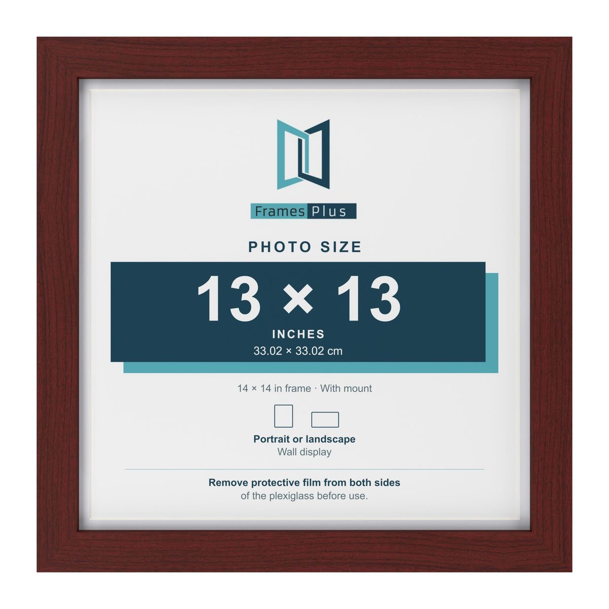 Classic Mahogany 14 x 14 inch picture frame with a white mount for a 13 x 13 inch photo