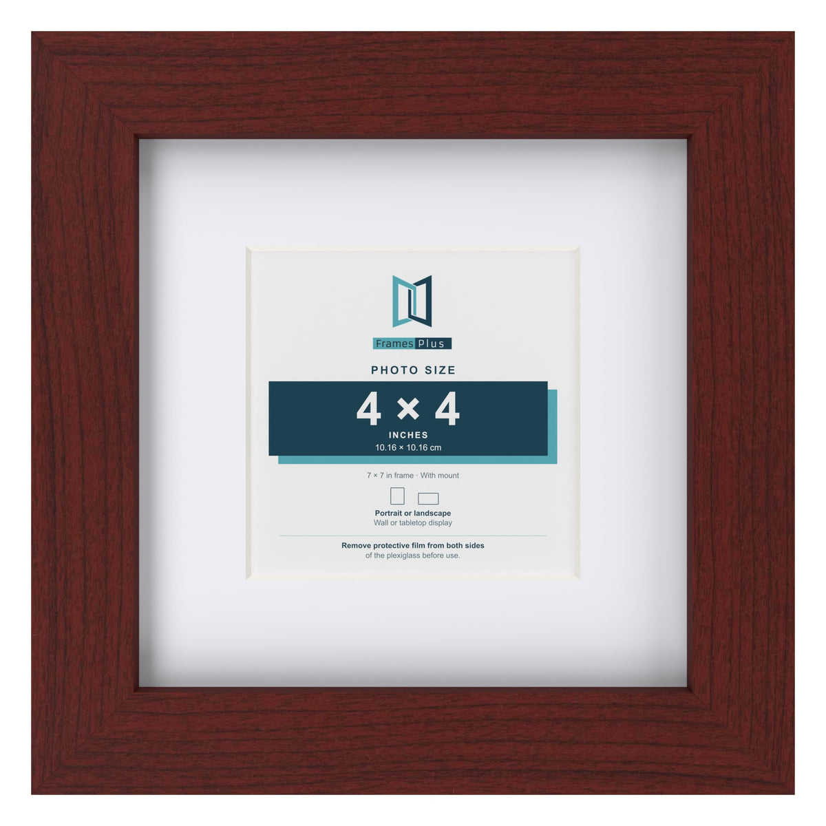 Classic Mahogany 7 x 7 inch picture frame with a white mount for a 4 x 4 inch photo