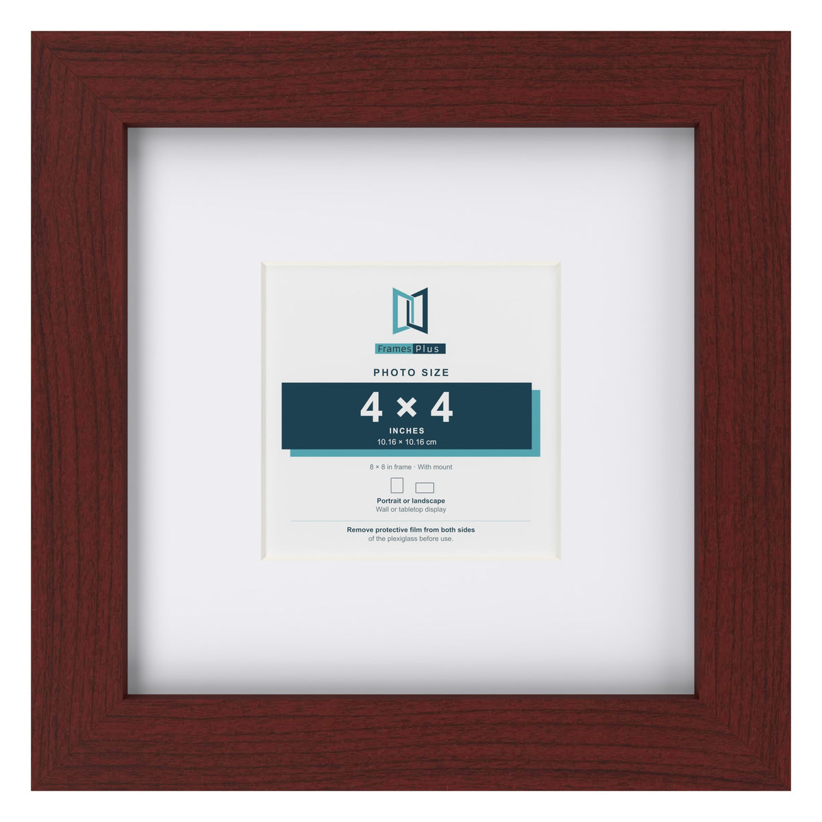 Classic Mahogany 8 x 8 inch picture frame with a white mount for a 4 x 4 inch photo