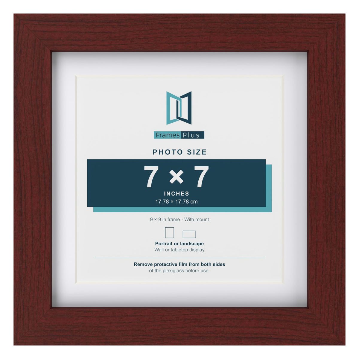 Classic Mahogany 9 x 9 inch picture frame with a white mount for a 7 x 7 inch photo