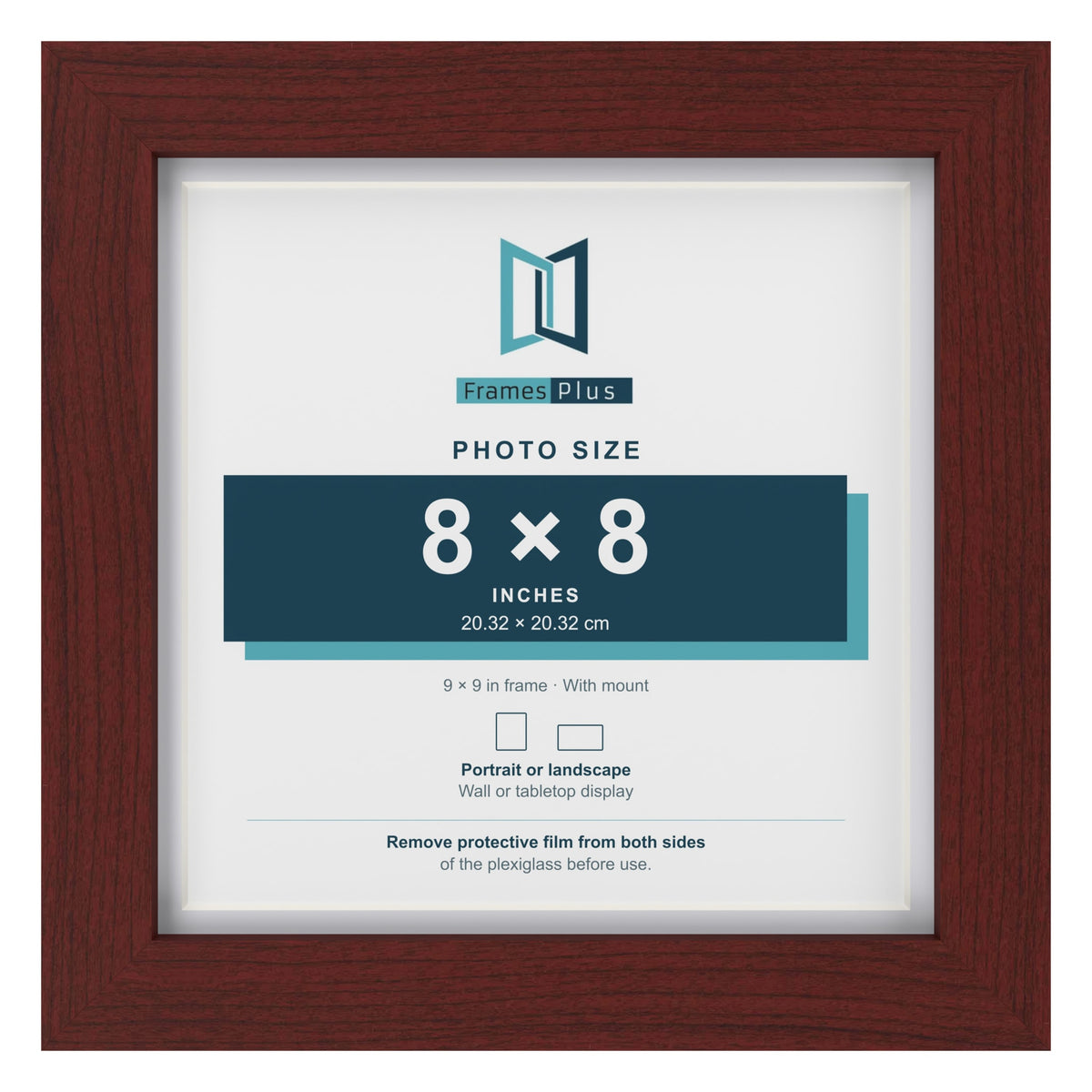 Classic Mahogany 9 x 9 inch picture frame with a white mount for an 8 x 8 inch photo