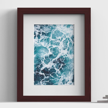 Classic Mahogany picture frame with white mount, close view with ocean artwork