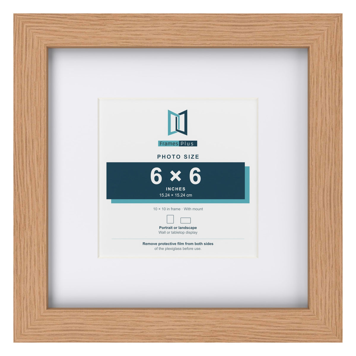 Classic Oak 10 x 10 inch picture frame with a white mount for a 6 x 6 inch photo