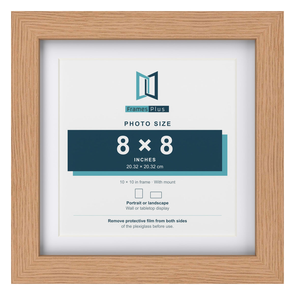 Classic Oak 10 x 10 inch picture frame with a white mount for an 8 x 8 inch photo