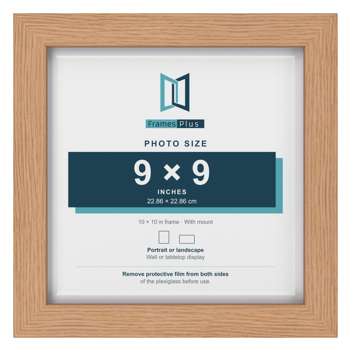 Classic Oak 10 x 10 inch picture frame with a white mount for a 9 x 9 inch photo