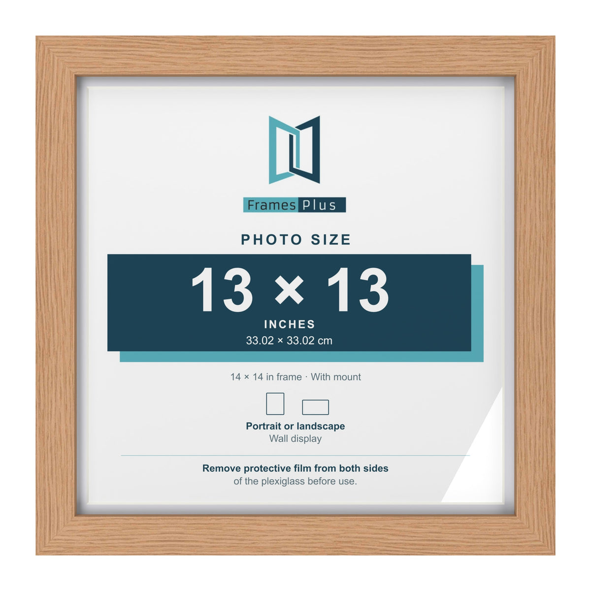 Classic Oak 14 x 14 inch picture frame with a white mount for a 13 x 13 inch photo