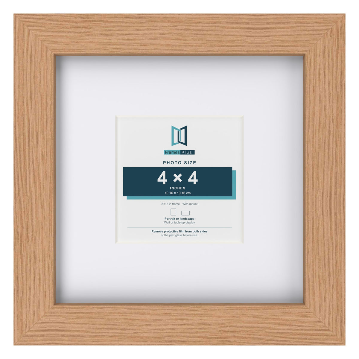 Classic Oak 8 x 8 inch picture frame with a white mount for a 4 x 4 inch photo