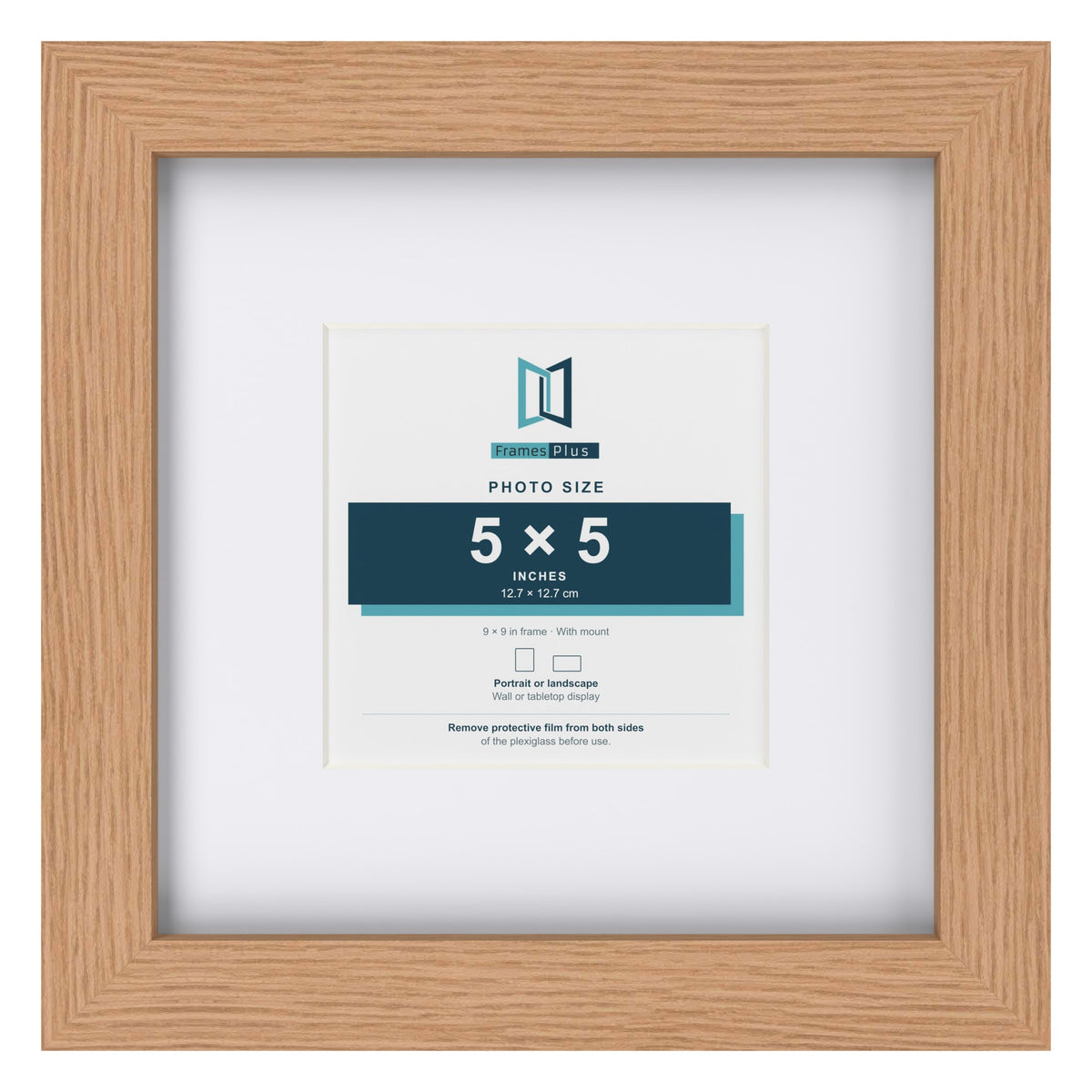 Classic Oak 9 x 9 inch picture frame with a white mount for a 5 x 5 inch photo