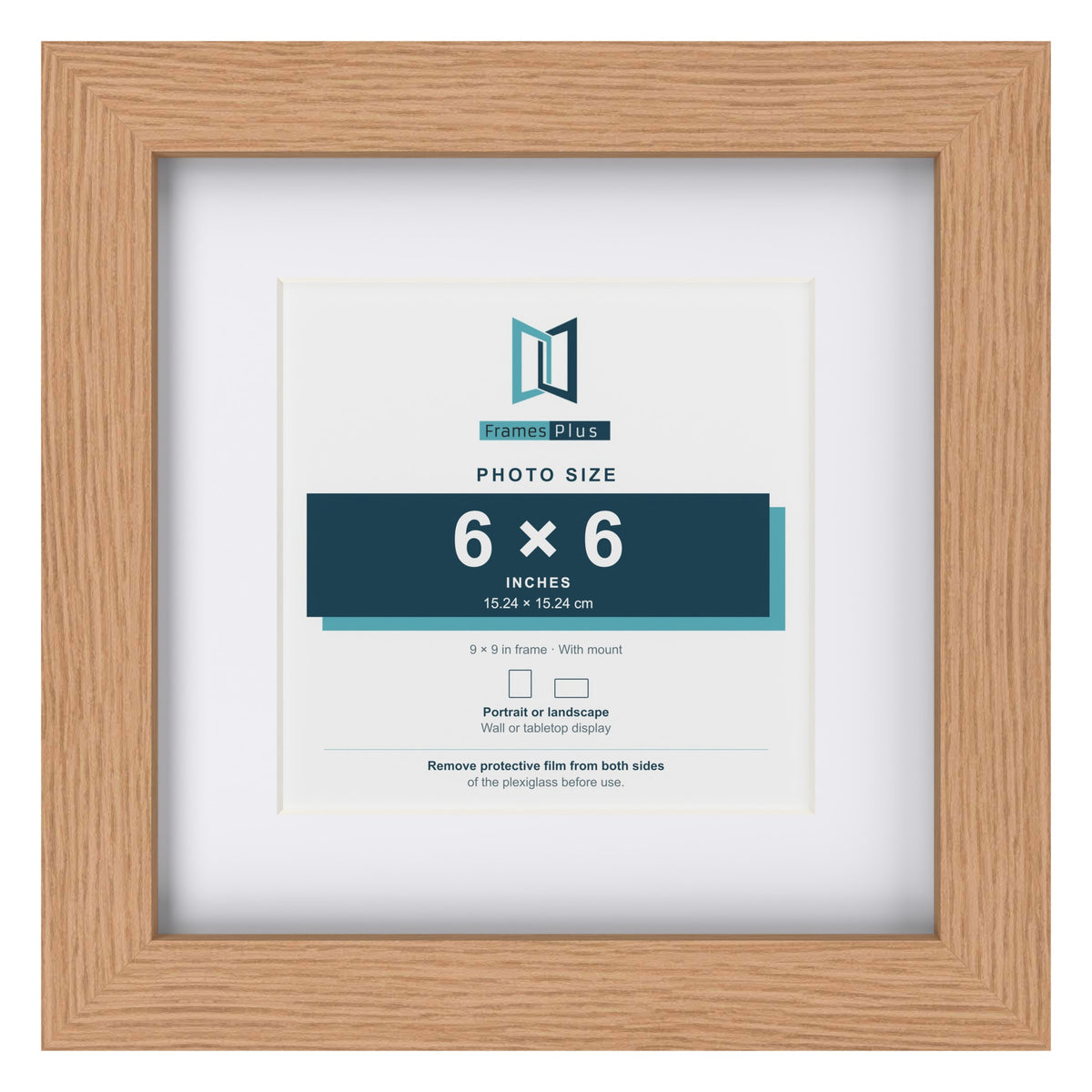 Classic Oak 9 x 9 inch picture frame with a white mount for a 6 x 6 inch photo