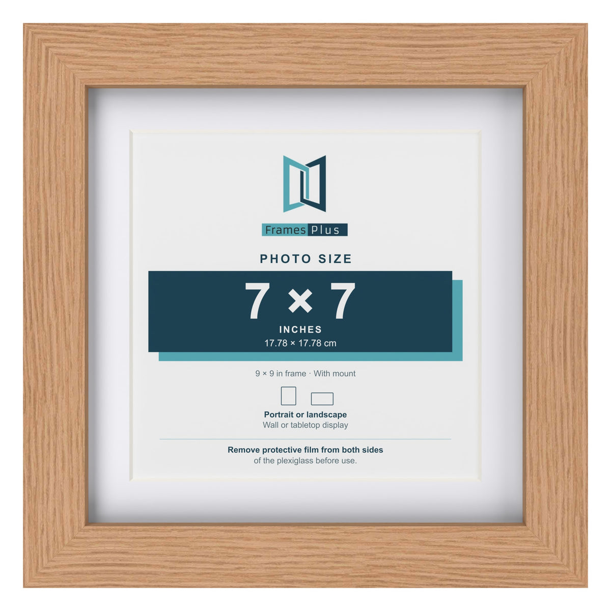 Classic Oak 9 x 9 inch picture frame with a white mount for a 7 x 7 inch photo