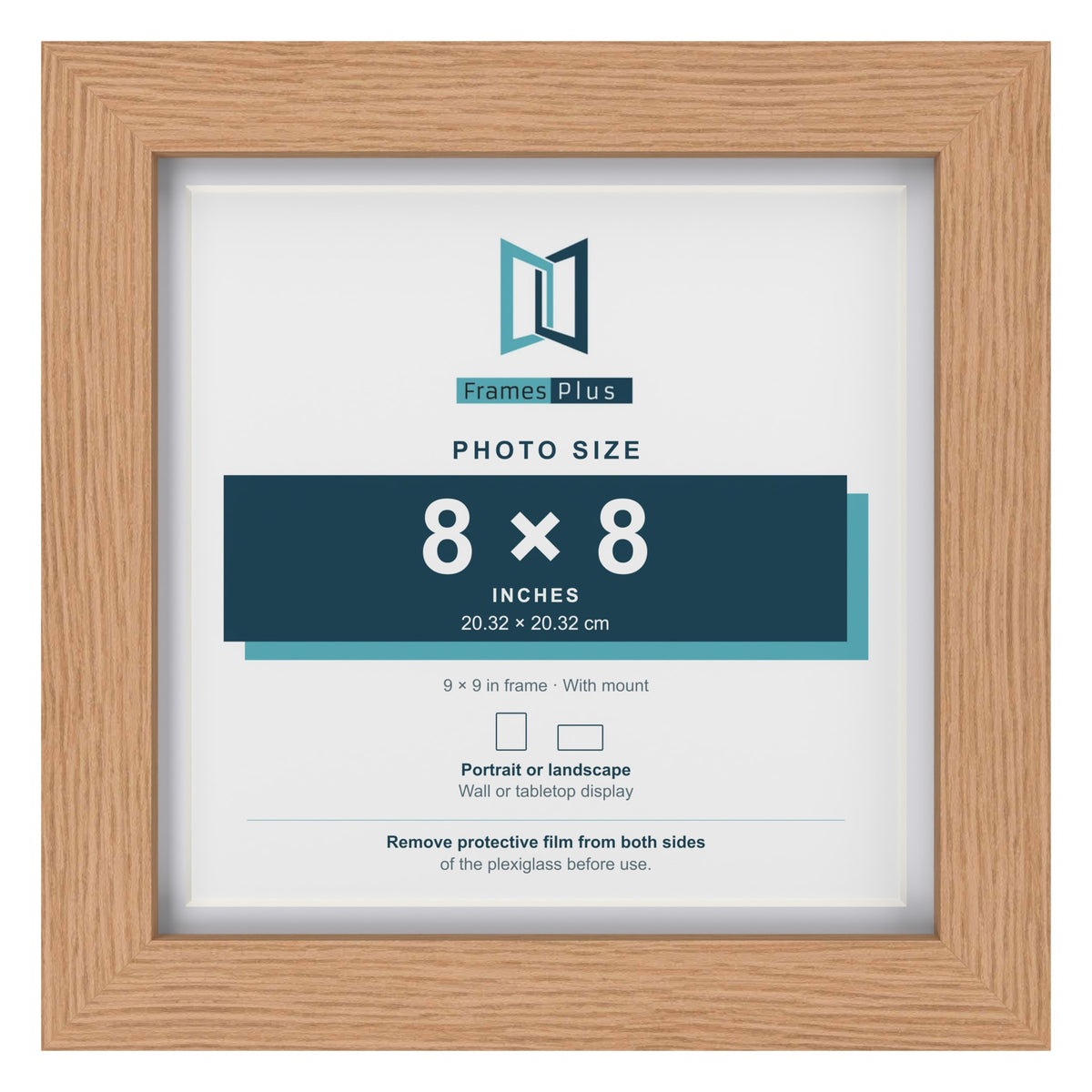 Classic Oak 9 x 9 inch picture frame with a white mount for an 8 x 8 inch photo