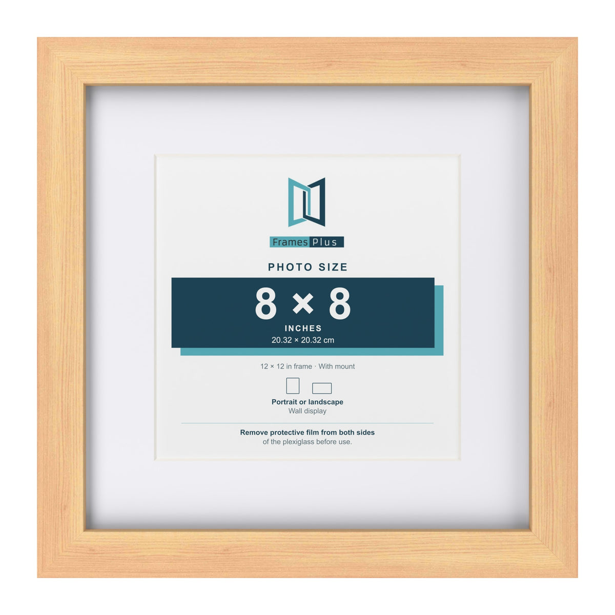 Classic Pine 12 x 12 inch picture frame with a white mount for an 8 x 8 inch photo