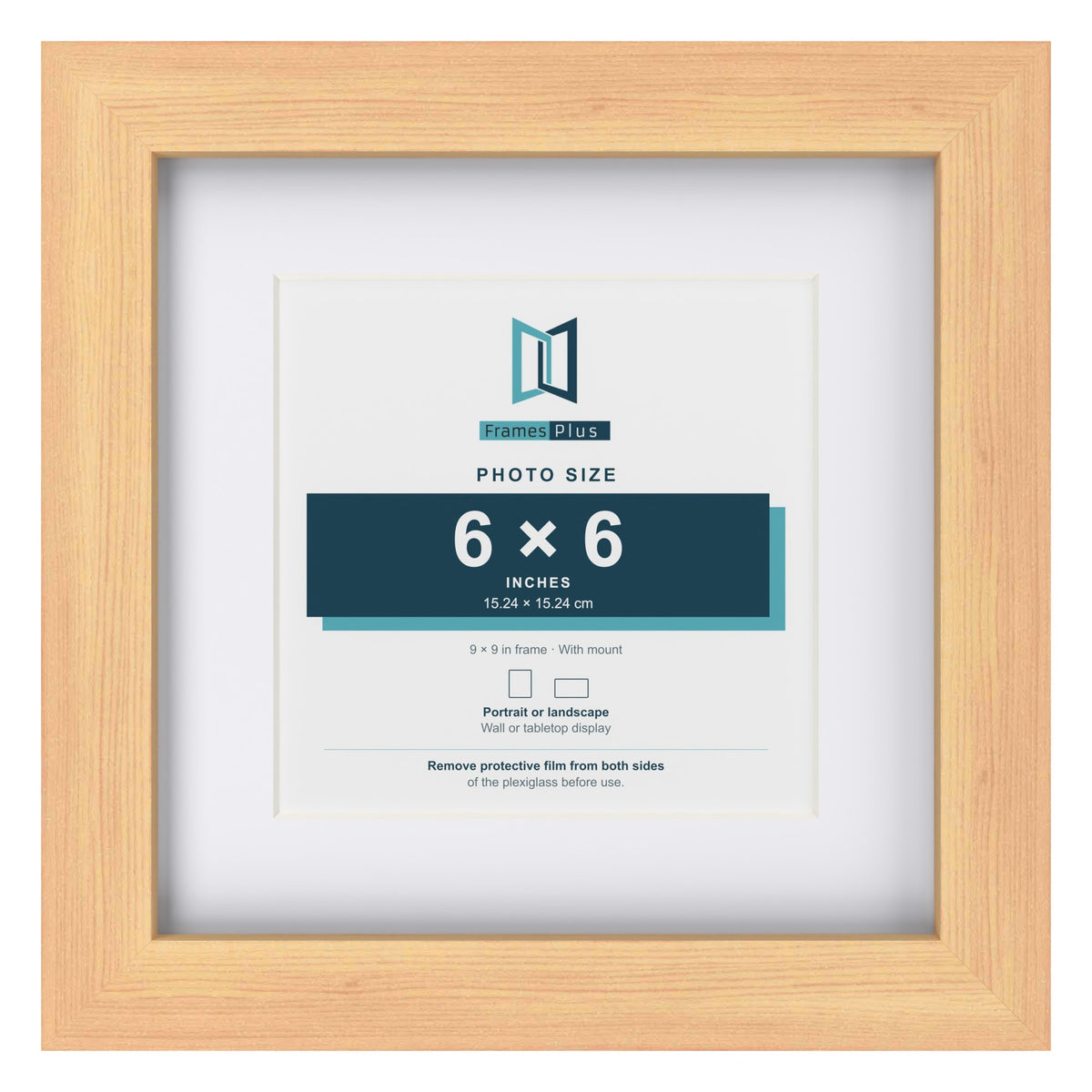 Classic Pine 9 x 9 inch picture frame with a white mount for a 6 x 6 inch photo
