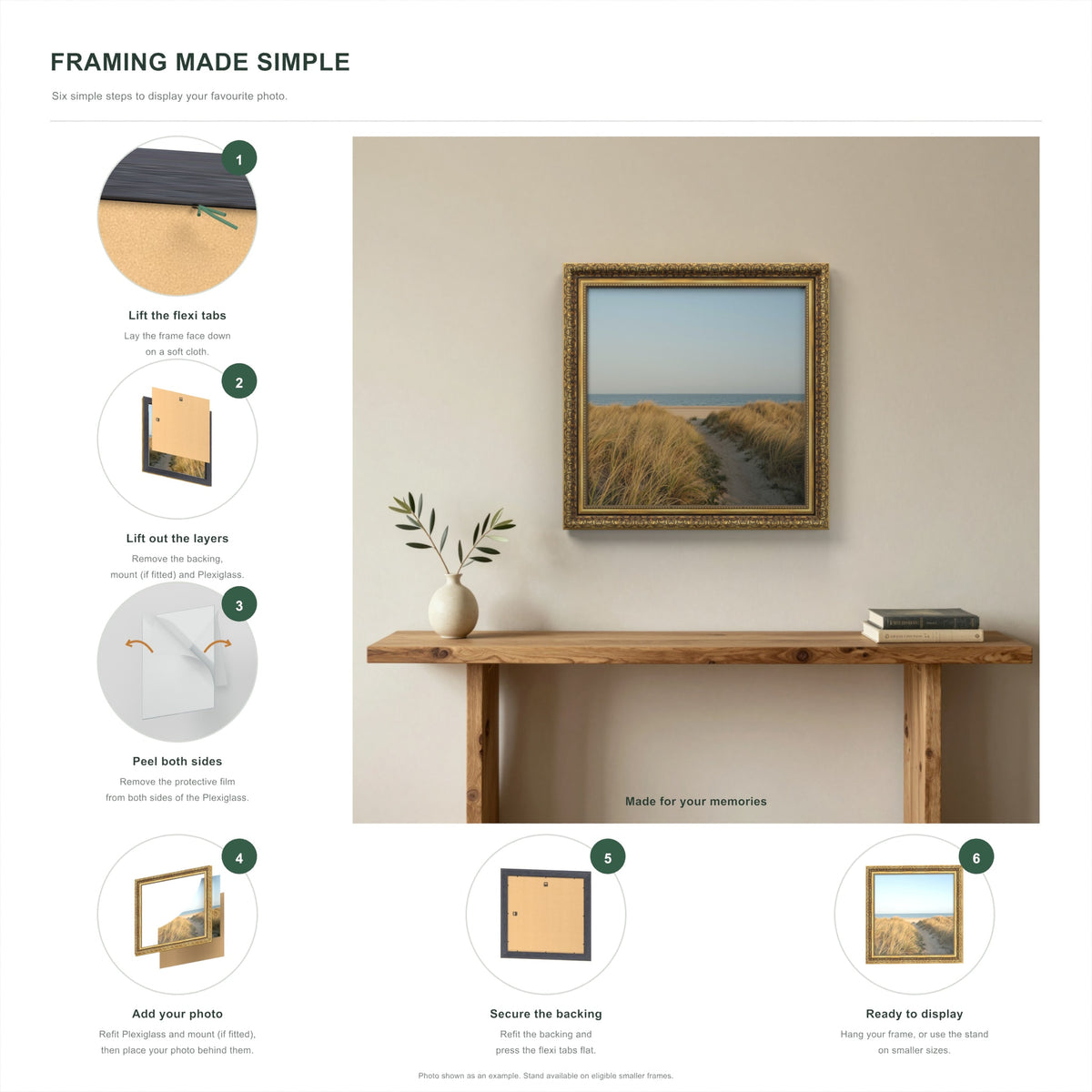 Dahlia Gold picture frame, how to fit a photo in six steps