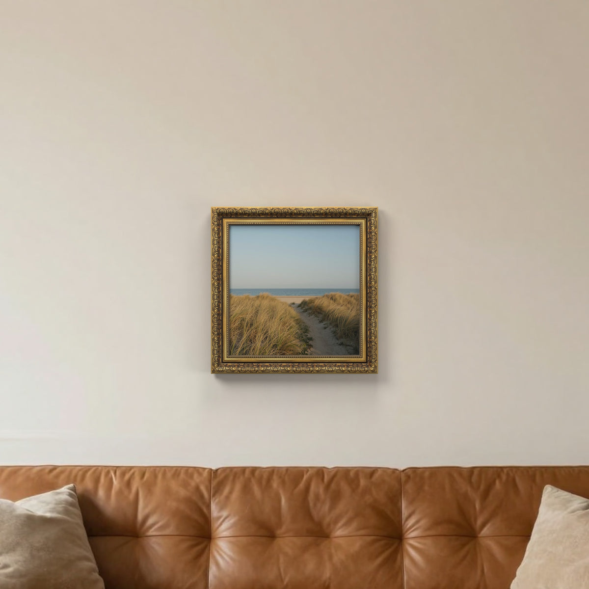 Dahlia Gold picture frame, hanging on a living room wall