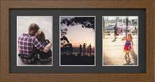 Dark Brown Multi-Aperture Frame for 3 Photos 7x5" with Black Mount displaying photographs
