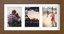 Dark Brown Multi-Aperture Frame for 3 Photos 7x5" with White Mount displaying photographs