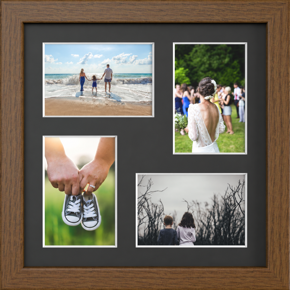 Dark Brown Multi-Aperture Frame for 4 Photos 6x4" with Black Mount displaying photographs