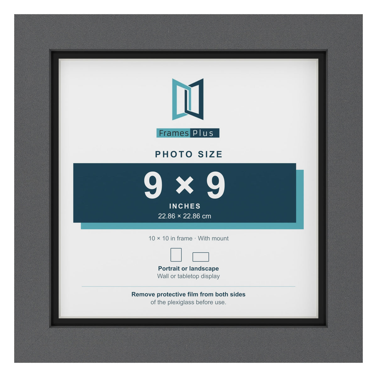 Dark Grey 10 x 10 inch picture frame with a black mount for a 9 x 9 inch photo