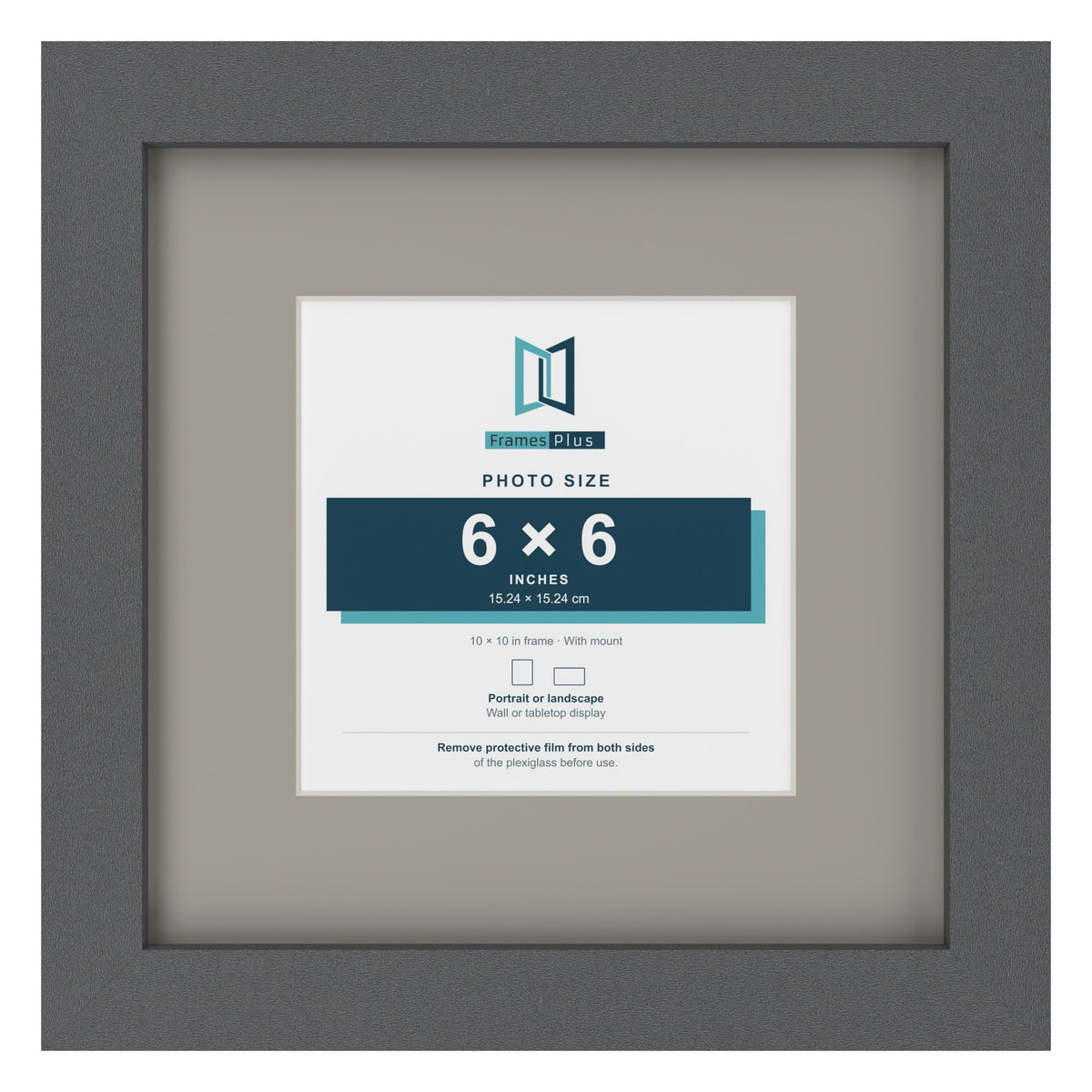 Dark Grey 10 x 10 inch picture frame with a Dawn Grey mount for a 6 x 6 inch photo