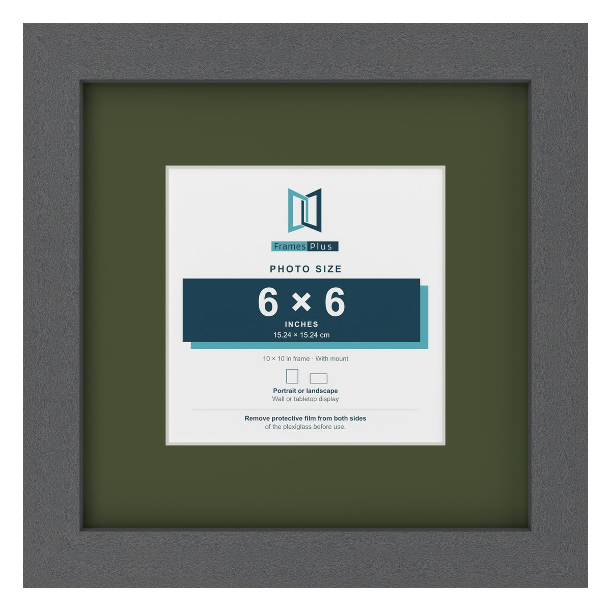 Dark Grey 10 x 10 inch picture frame with a green mount for a 6 x 6 inch photo