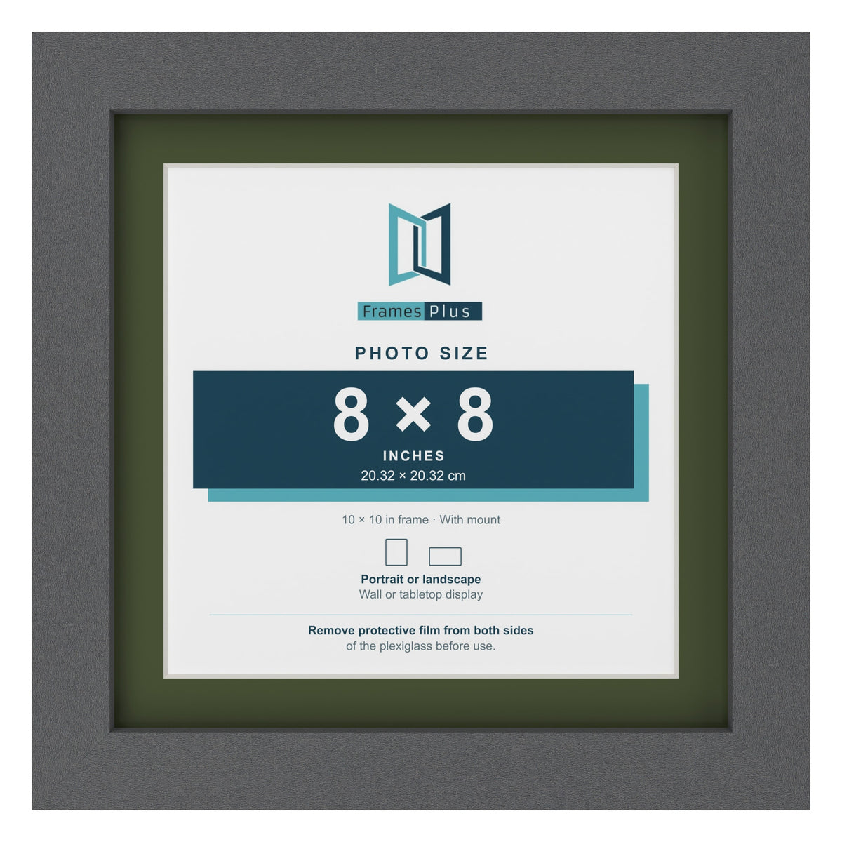 Dark Grey 10 x 10 inch picture frame with a green mount for an 8 x 8 inch photo