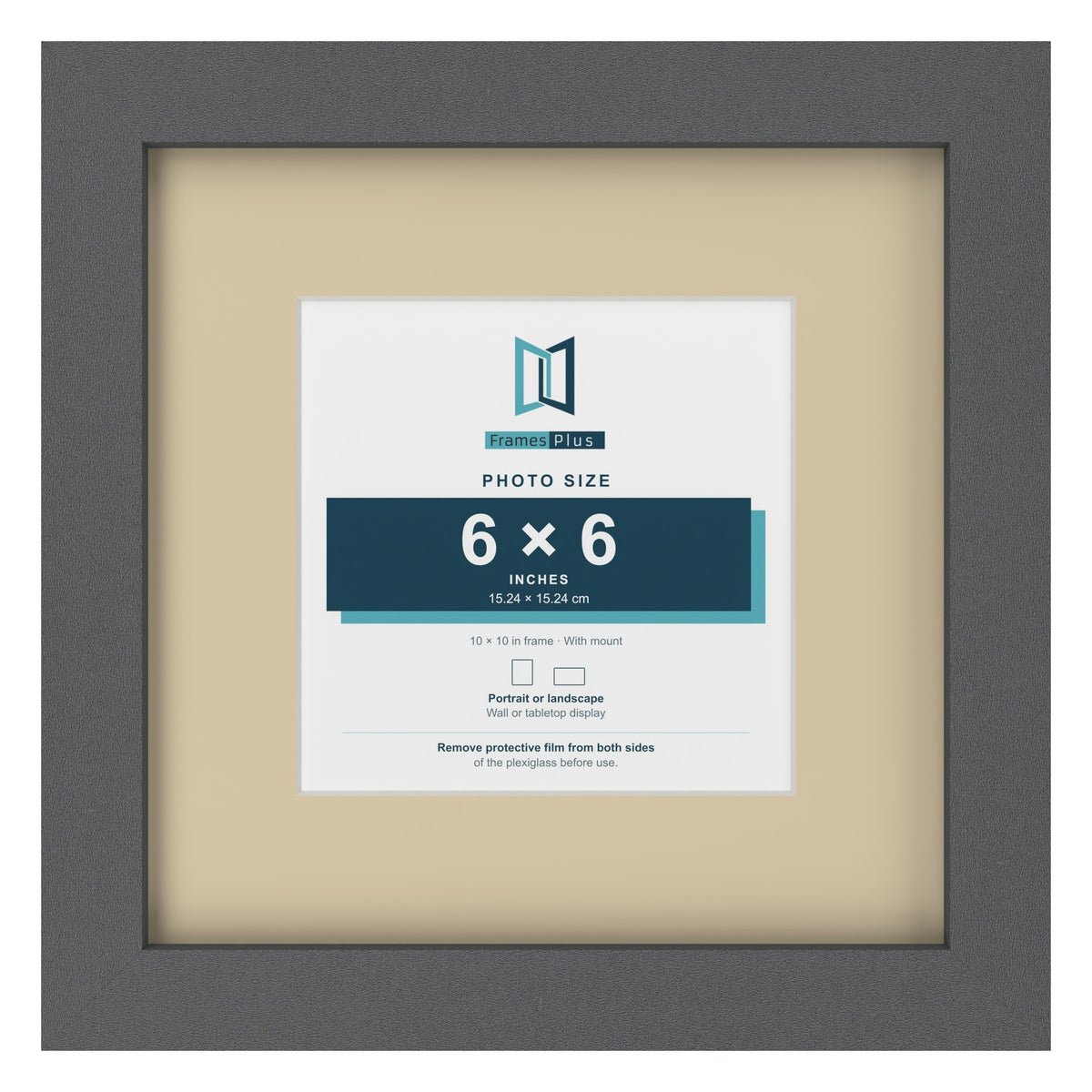 Dark Grey 10 x 10 inch picture frame with an ivory mount for a 6 x 6 inch photo