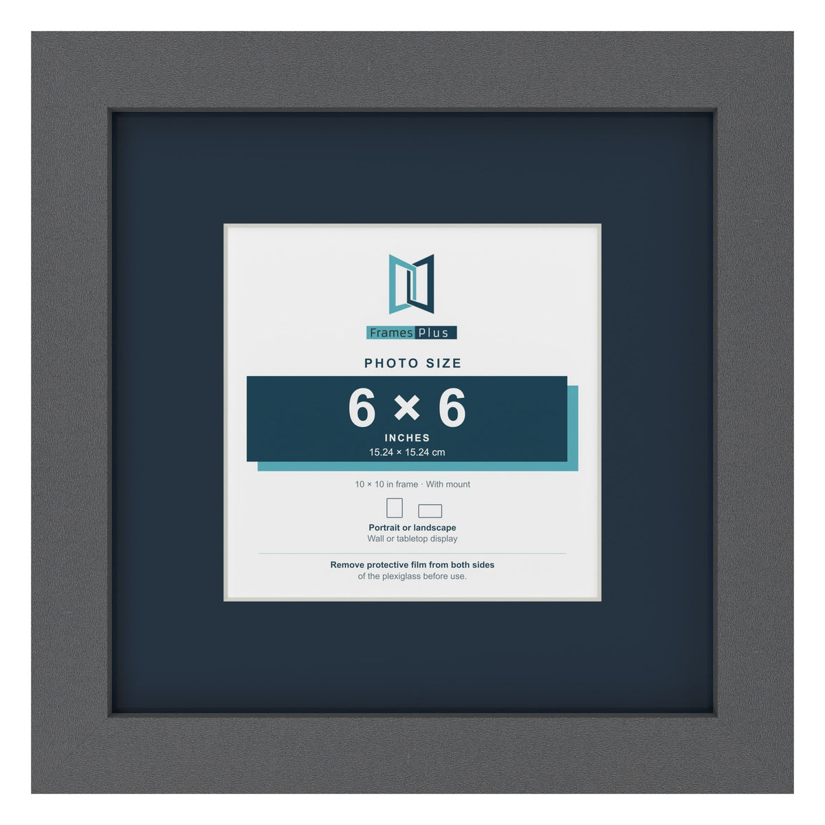 Dark Grey 10 x 10 inch picture frame with a Pacific Blue mount for a 6 x 6 inch photo