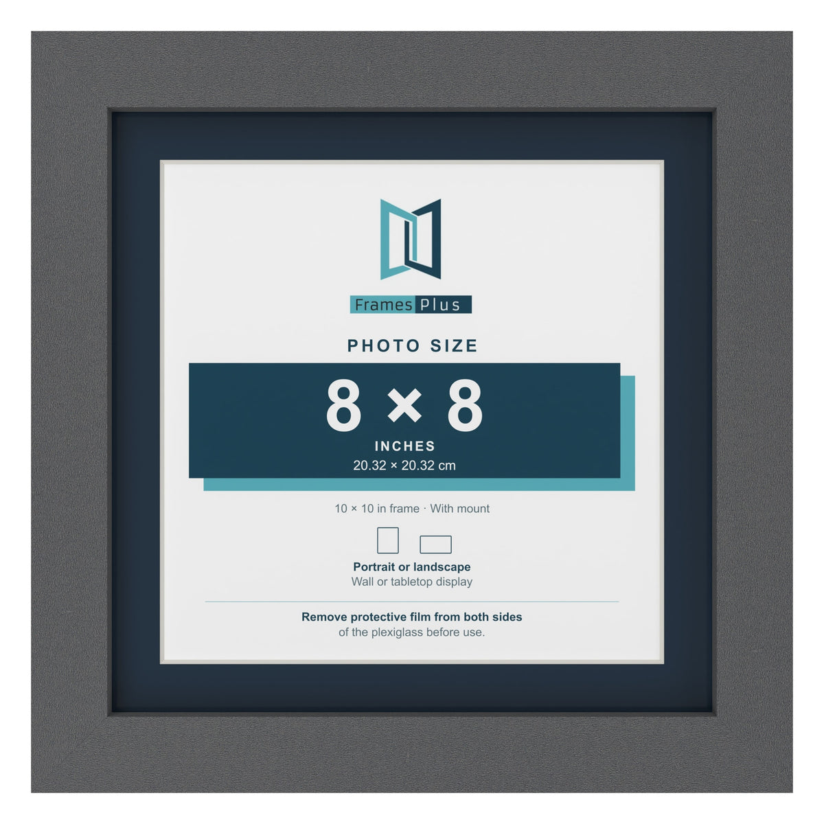 Dark Grey 10 x 10 inch picture frame with a Pacific Blue mount for an 8 x 8 inch photo