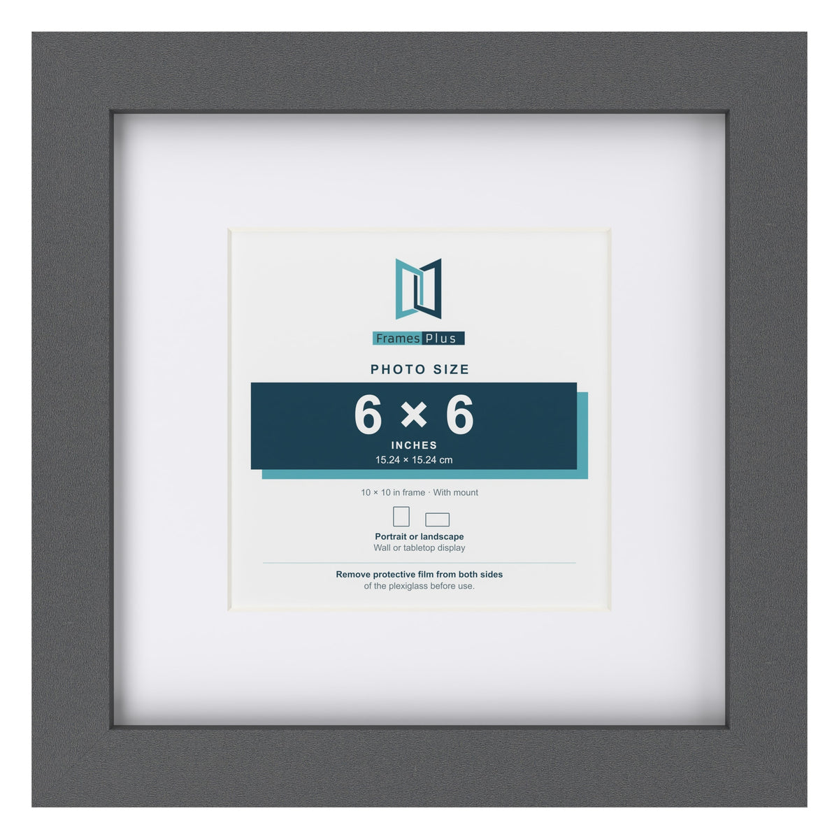 Dark Grey 10 x 10 inch picture frame with a white mount for a 6 x 6 inch photo