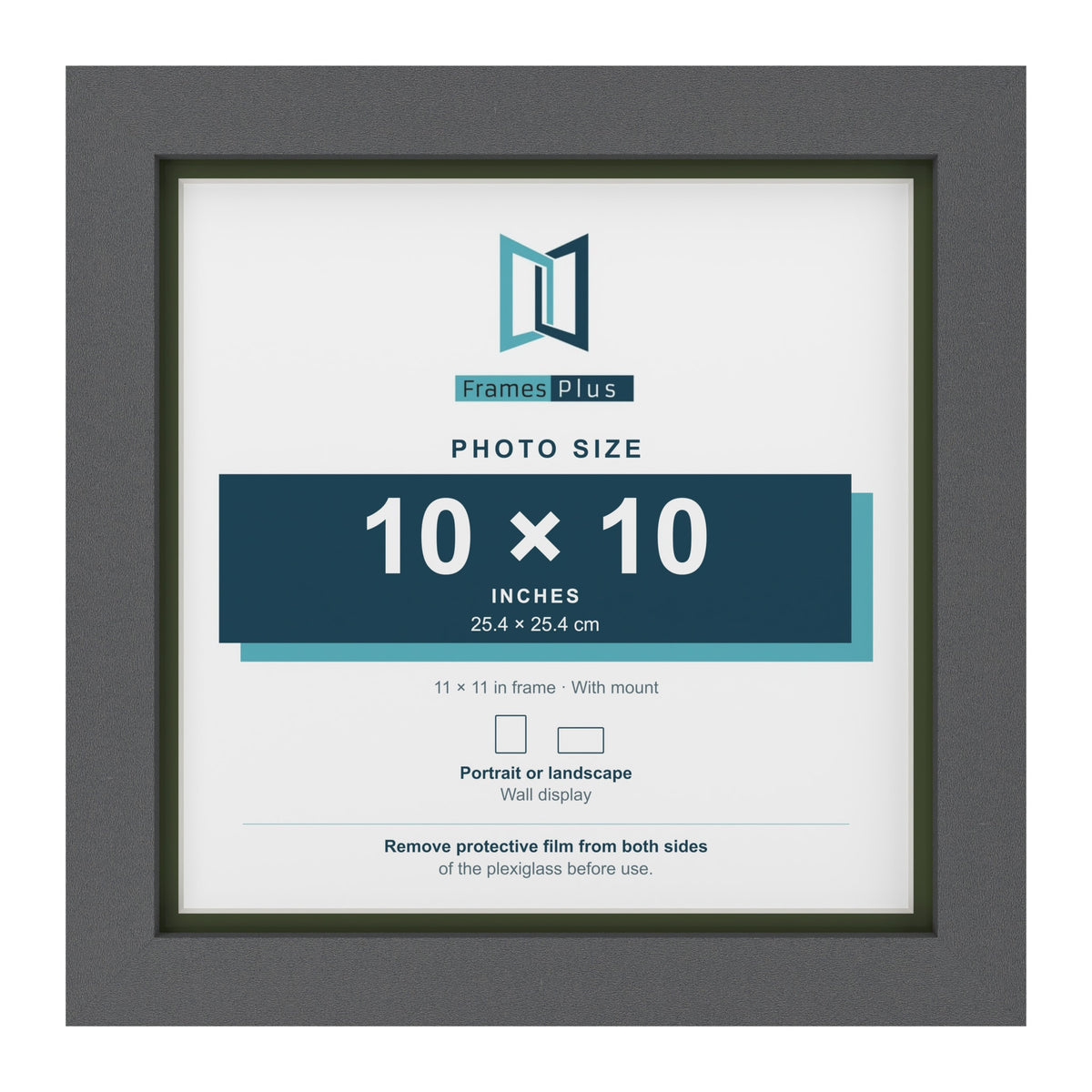 Dark Grey 11 x 11 inch picture frame with a green mount for a 10 x 10 inch photo