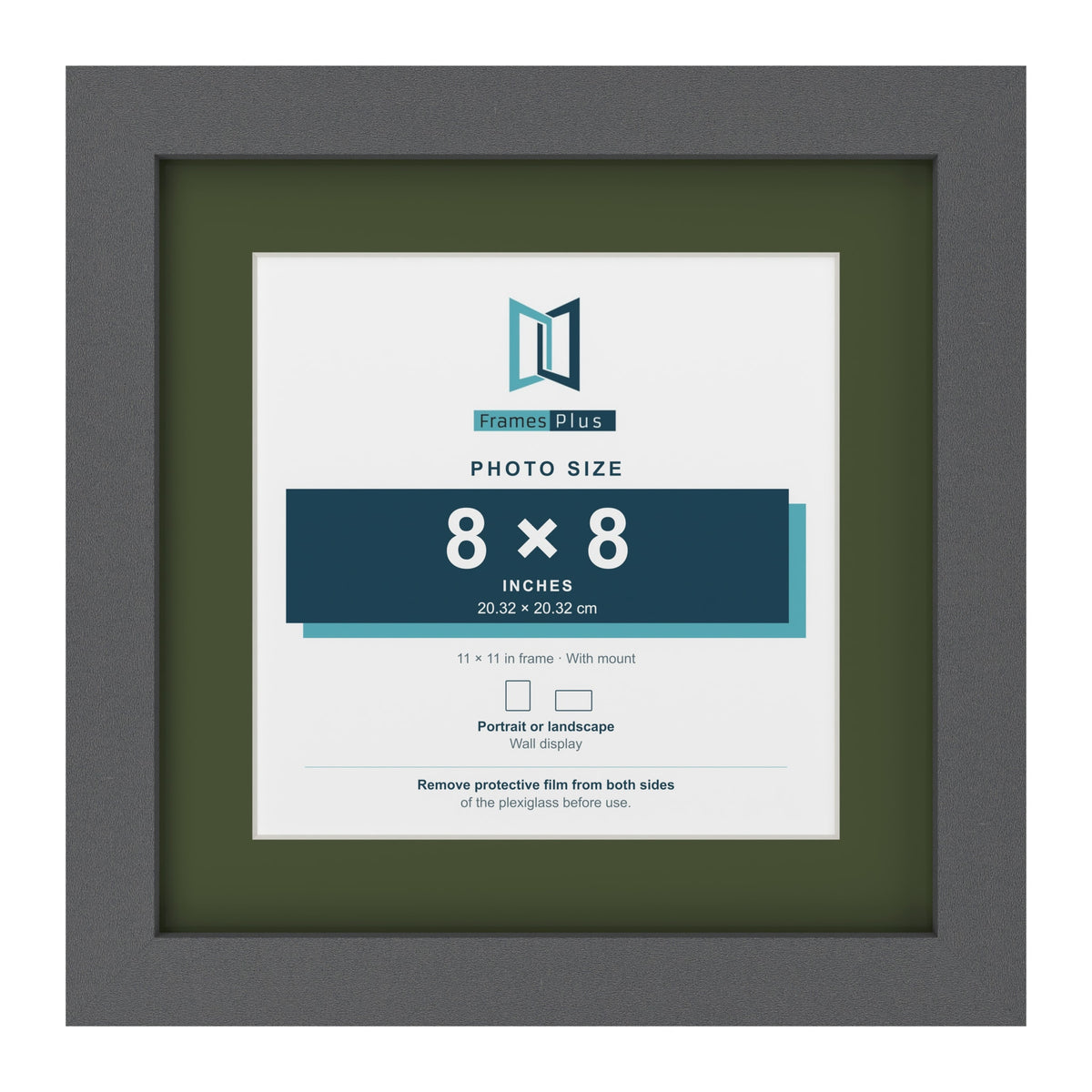 Dark Grey 11 x 11 inch picture frame with a green mount for an 8 x 8 inch photo