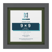 Dark Grey 11 x 11 inch picture frame with a green mount for a 9 x 9 inch photo