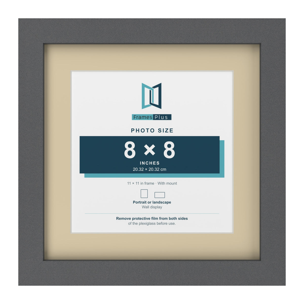 Dark Grey 11 x 11 inch picture frame with an ivory mount for an 8 x 8 inch photo