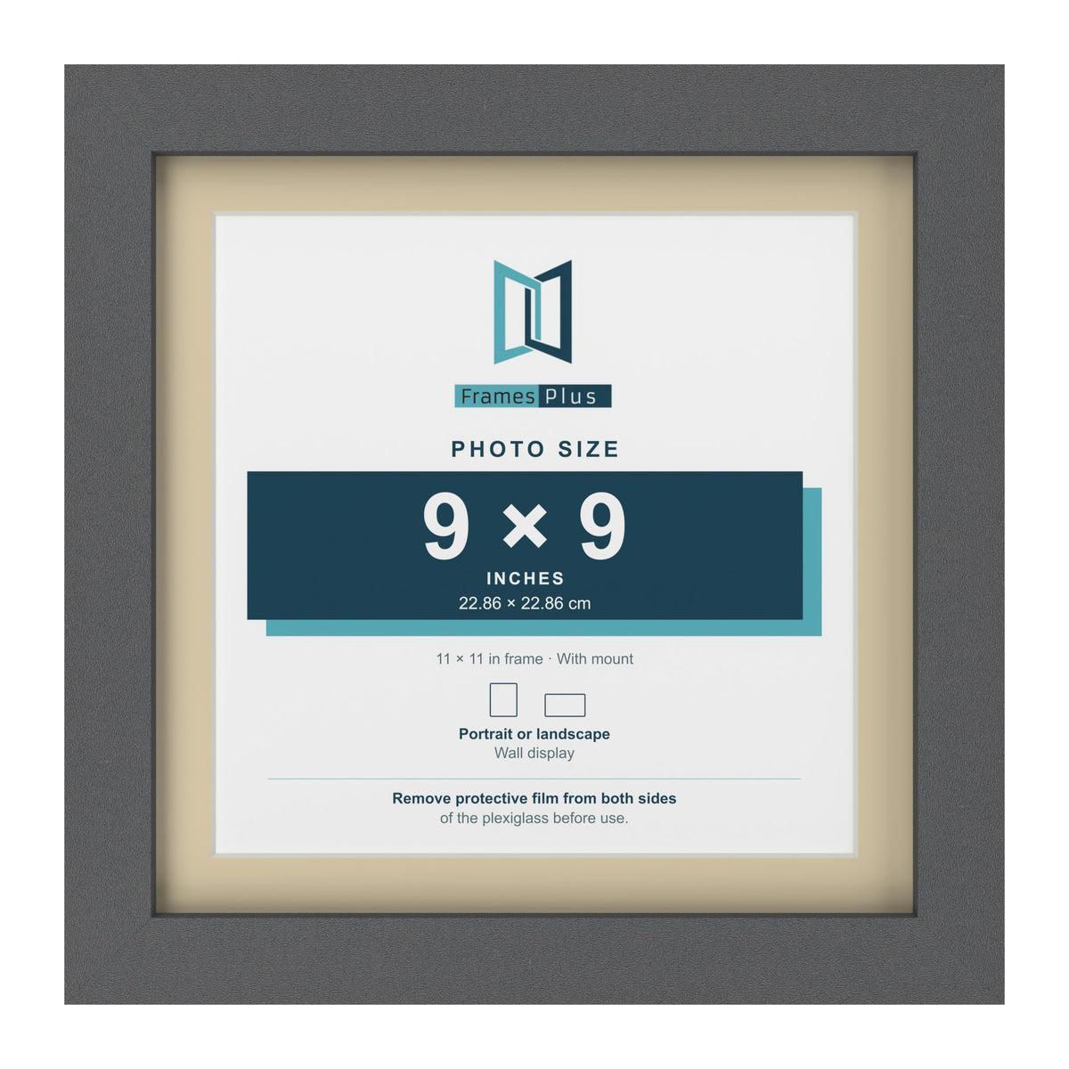 Dark Grey 11 x 11 inch picture frame with an ivory mount for a 9 x 9 inch photo