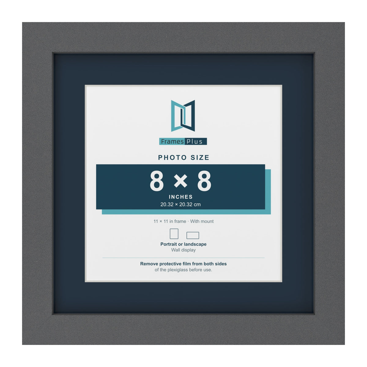 Dark Grey 11 x 11 inch picture frame with a Pacific Blue mount for an 8 x 8 inch photo