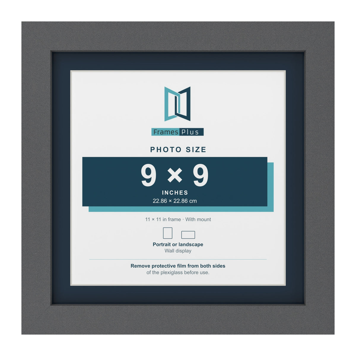 Dark Grey 11 x 11 inch picture frame with a Pacific Blue mount for a 9 x 9 inch photo