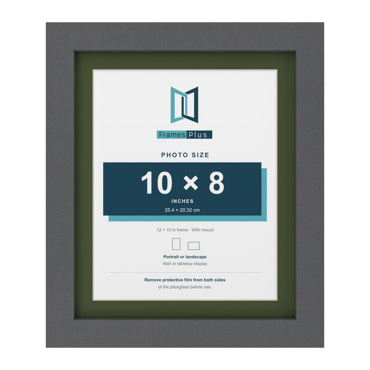 Dark Grey 12 x 10 inch picture frame with a green mount for a 10 x 8 inch photo