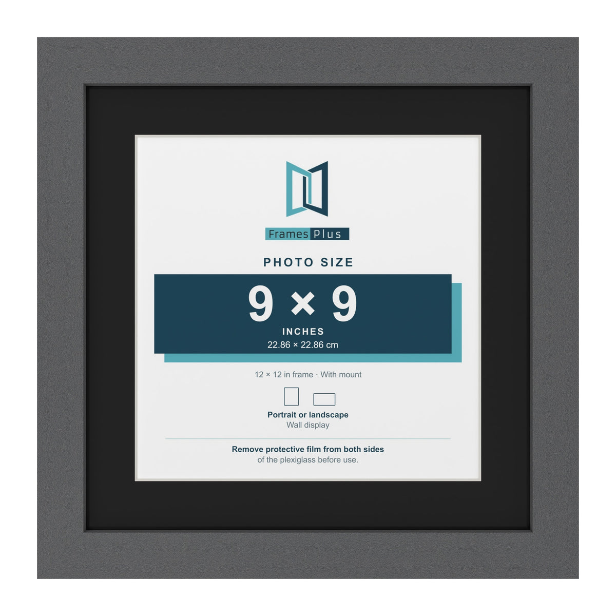 Dark Grey 12 x 12 inch picture frame with a black mount for a 9 x 9 inch photo