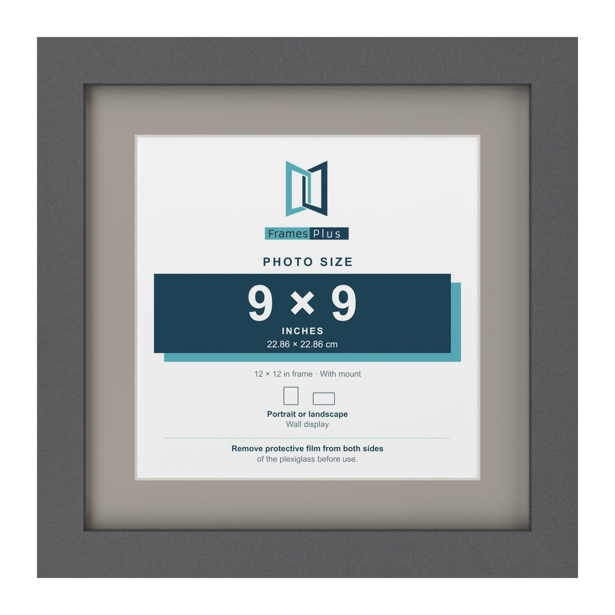 Dark Grey 12 x 12 inch picture frame with a Dawn Grey mount for a 9 x 9 inch photo