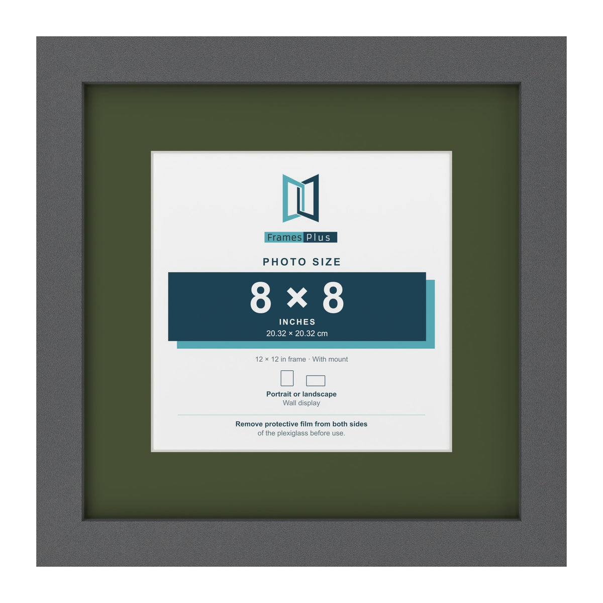 Dark Grey 12 x 12 inch picture frame with a green mount for an 8 x 8 inch photo