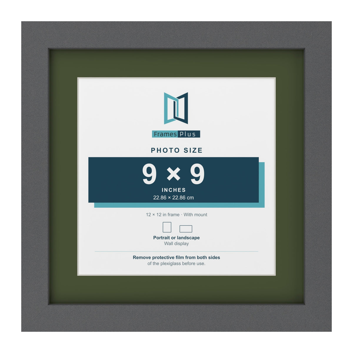 Dark Grey 12 x 12 inch picture frame with a green mount for a 9 x 9 inch photo