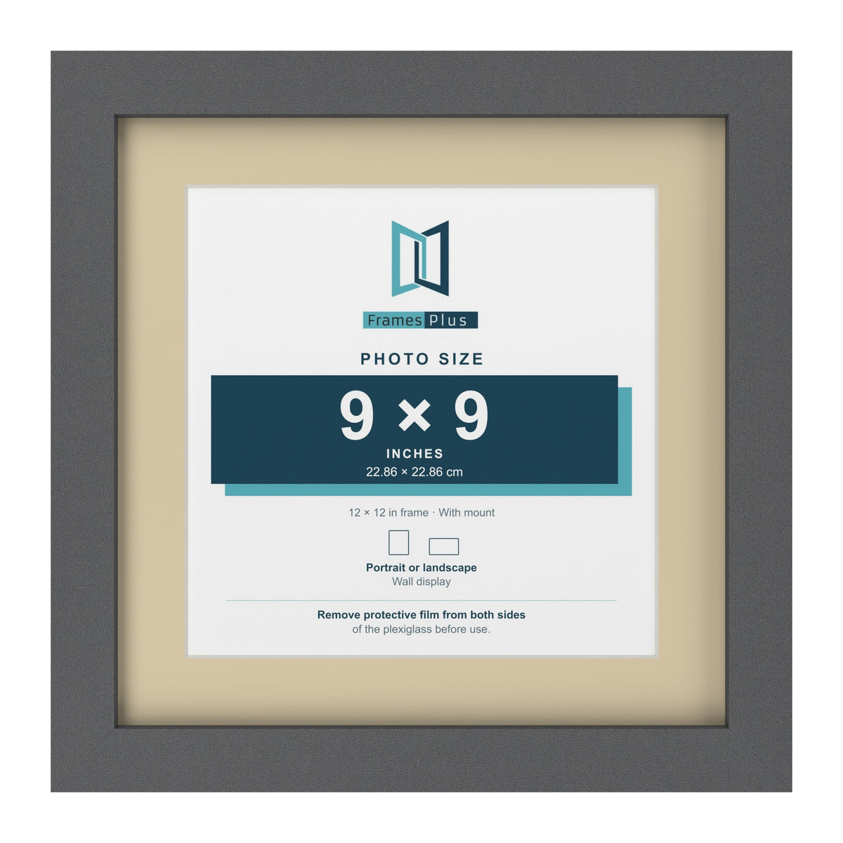 Dark Grey 12 x 12 inch picture frame with an ivory mount for a 9 x 9 inch photo