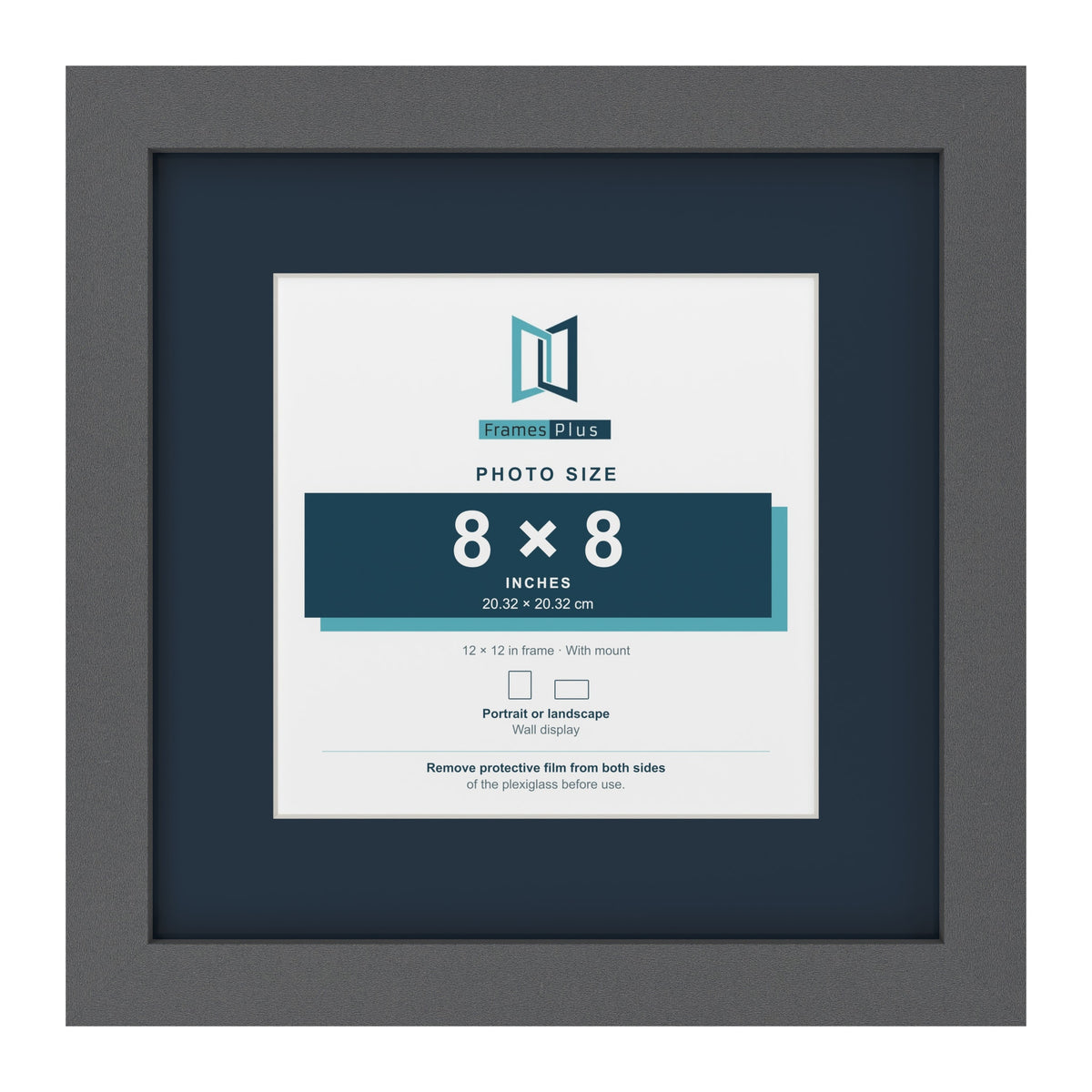 Dark Grey 12 x 12 inch picture frame with a Pacific Blue mount for an 8 x 8 inch photo