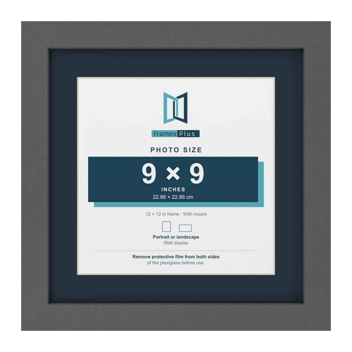Dark Grey 12 x 12 inch picture frame with a Pacific Blue mount for a 9 x 9 inch photo