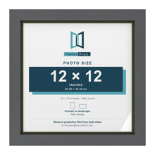 Dark Grey 13 x 13 inch picture frame with a green mount for a 12 x 12 inch photo