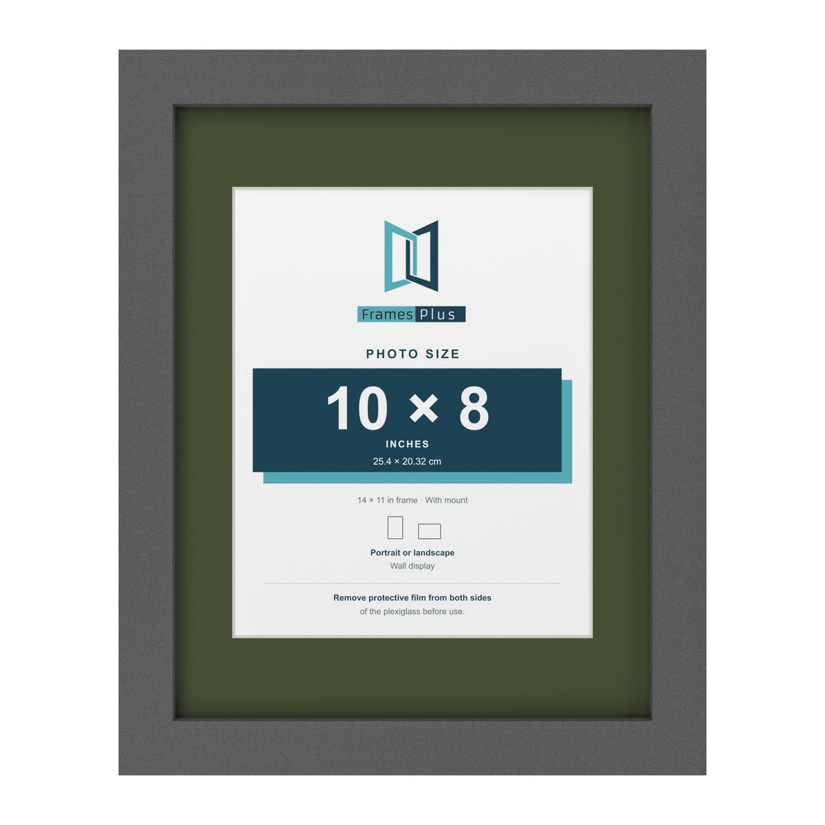 Dark Grey 14 x 11 inch picture frame with a green mount for a 10 x 8 inch photo