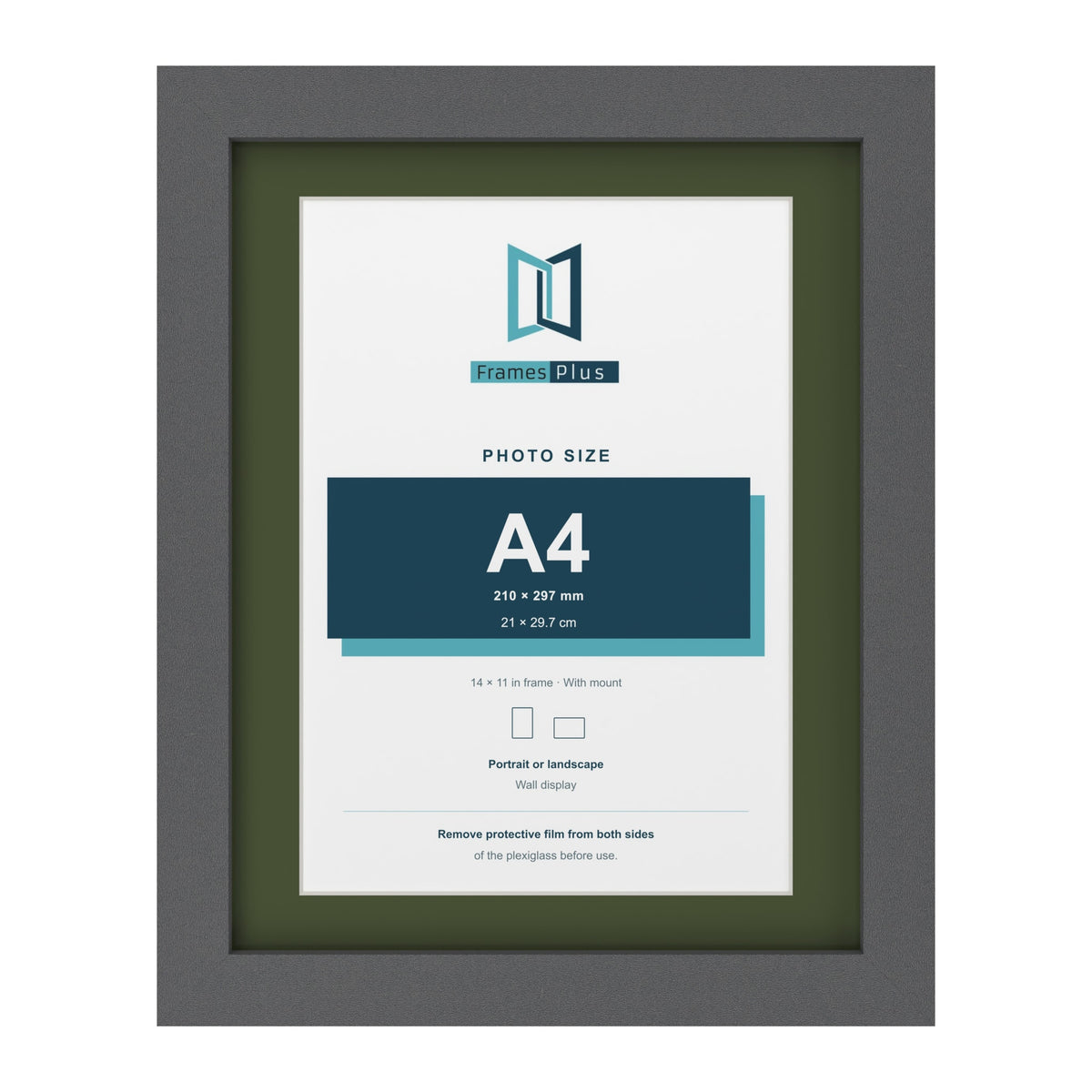 Dark Grey 14 x 11 inch picture frame with a green mount for an A4 photo