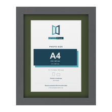 Dark Grey 14 x 11 inch picture frame with a green mount for an A4 photo
